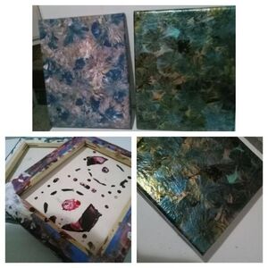 Handmade Paint Pouring Abstract Blue and Green Metallic Canvas Art